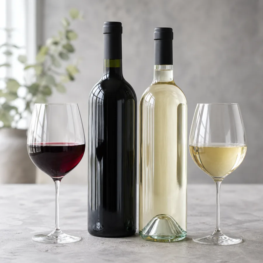 Two bottles of red and white wine with glasses